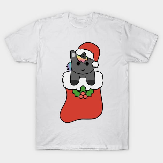 Christmas Black Rainbow Unicorn Stocking T-Shirt by BiscuitSnack